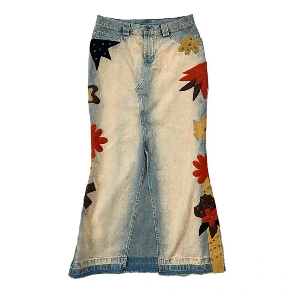 Vintage 90s/Y2K RARE Road Cat Suede And Felt Patchwork Maxi Denim Skirt Size M - Picture 16 of 16